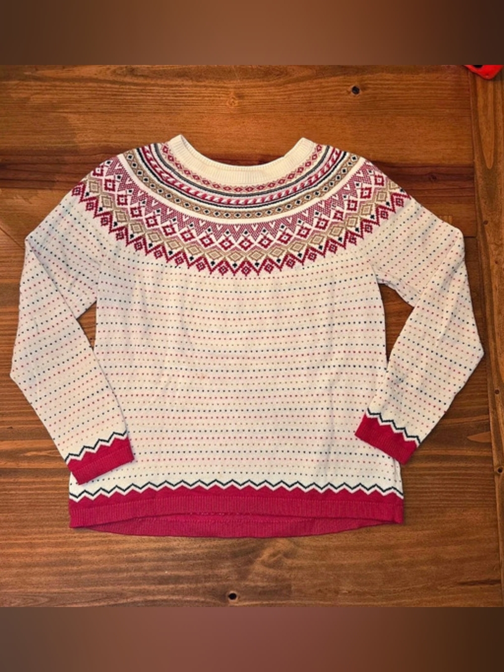 Talbots Women’s L Fair Isle Sweater Lambswool Blend Ivory Red Nordic Crewneck